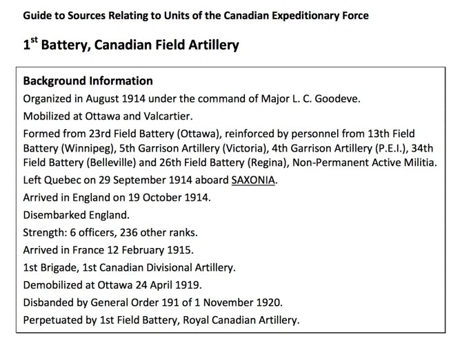 An example from the "Guide to Sources Relating to Units of the Canadian Expeditionary Force"