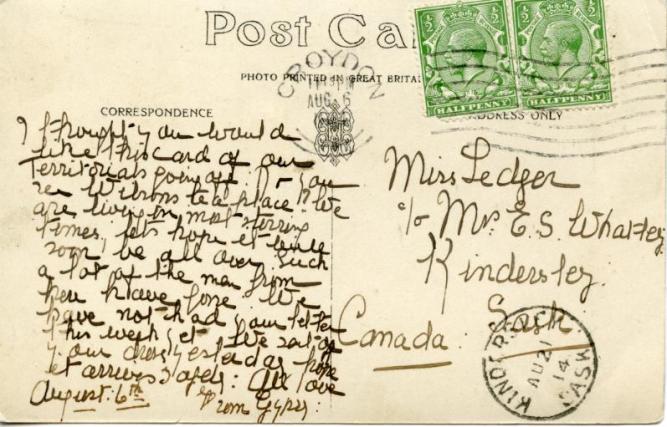 The back of the postcard mailed to Canada on Aug. 6, 1914