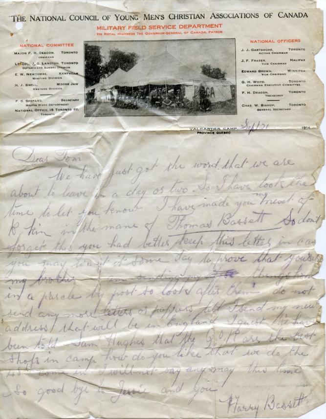 A letter written 21 Sep 1914  from Harry to his brother Thomas in Toronto