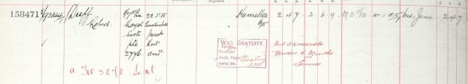 Robert enlisted on Jan. 5 1915 and so his widow Jesse was not eligible for the £3 War Gratuity