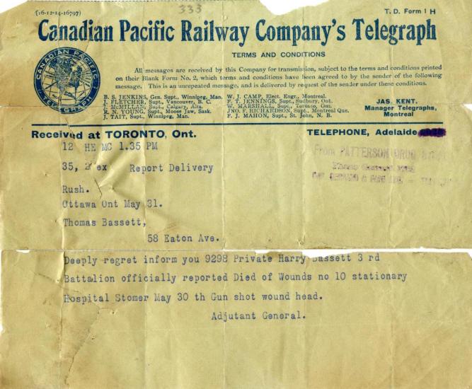 Telegram to Harry's brother Thomas notifying him of his death