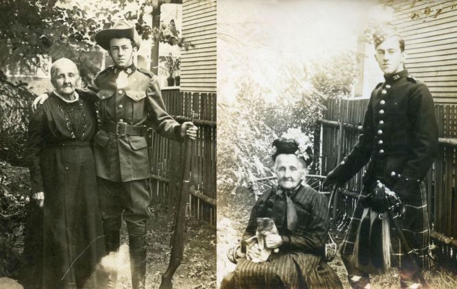 Eustace R Shearman with his grandmother Jane Rees Shearman (nee Evans). Left: Vancouver High School Cadet (1912) and Right: Seaforth Highlander Cadet (1913)