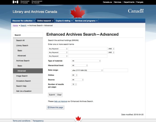 Screen 1 - LAC Enhanced Archives Search - Advanced