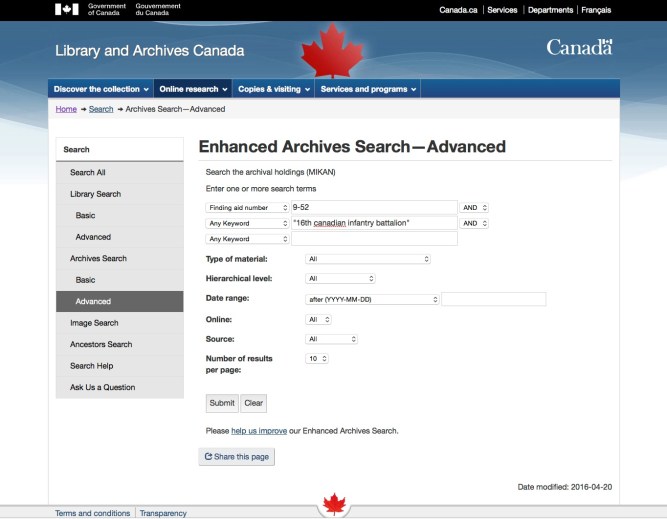Screen 2 - Finding your C.E.F. War Diary
