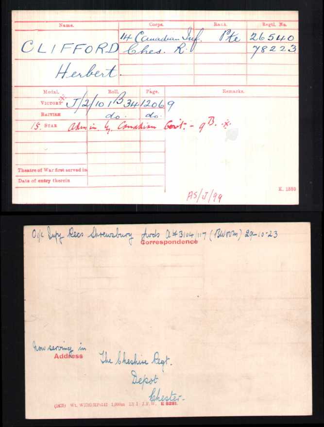 Herbert's Medal Card. Source: Ancestry.ca