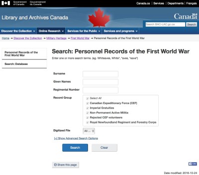 LAC's new Personnel Records of the First World War Search screen