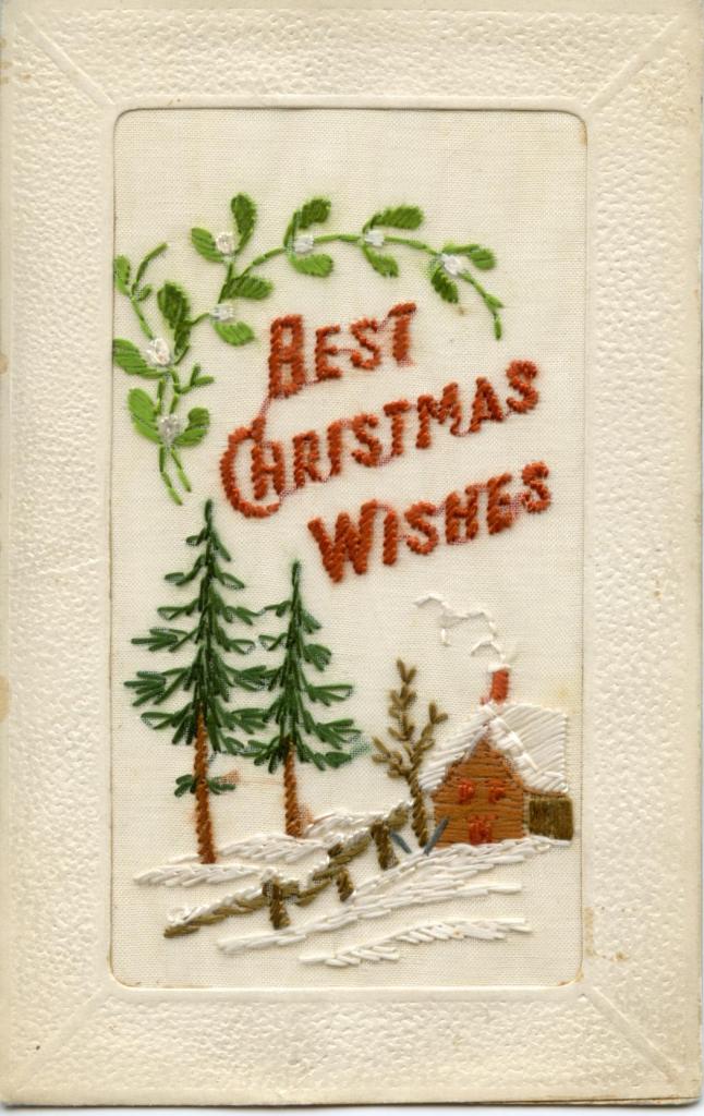 An embroidered Christmas card from a soldier in France to his sister in 1916